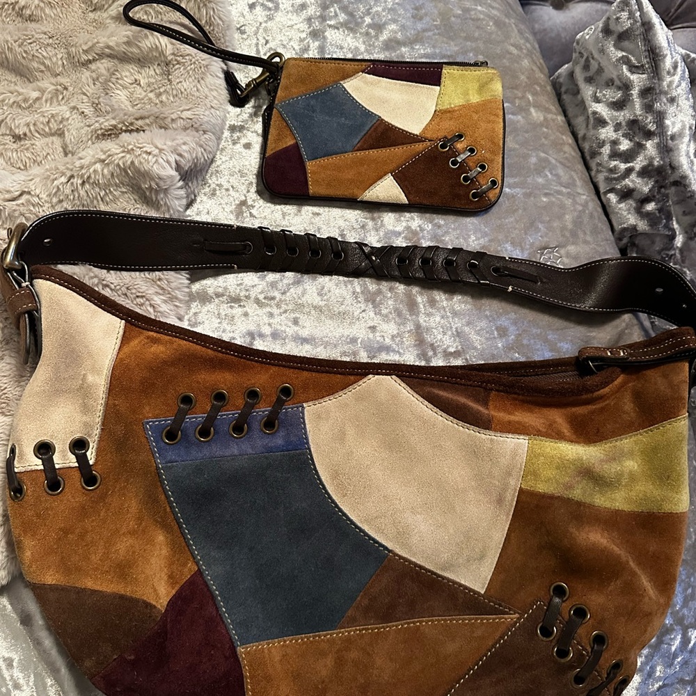 Patchwork Suede Shoulder Bag and Wristlet Set